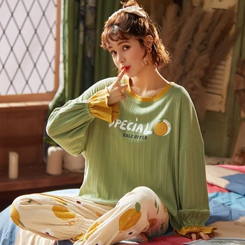 

New Cute Round neck Pajamas Women Cotton Sleepwear Women Long sleeve Pijama Mujer Teen Girls Women Home Wear Suit Loose Pyjama