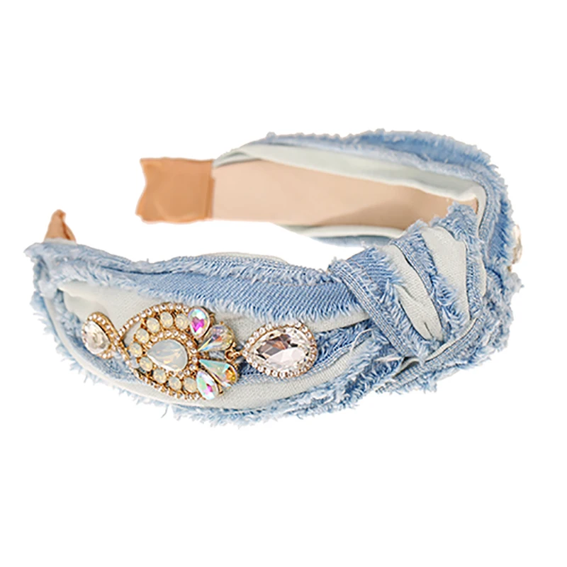 

ZHINI New Simple Denim Knotted Blue Headbands for Women Luxury AAA Zircon Crystal Statement Hair Band Hair Accessories Jewelry
