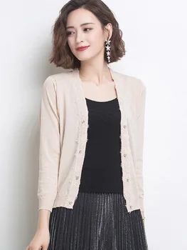 

New style ladies slim solid color knitted sweater long sleeve cardigan gray