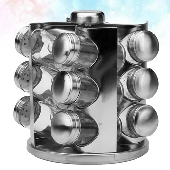 

1 Set of Rotary Seasoning Jar Rack Stainless Steel Condiment Pot Rack Glass Empty Seasoning Bottles (12PCS Bottels and 1PC Rack)