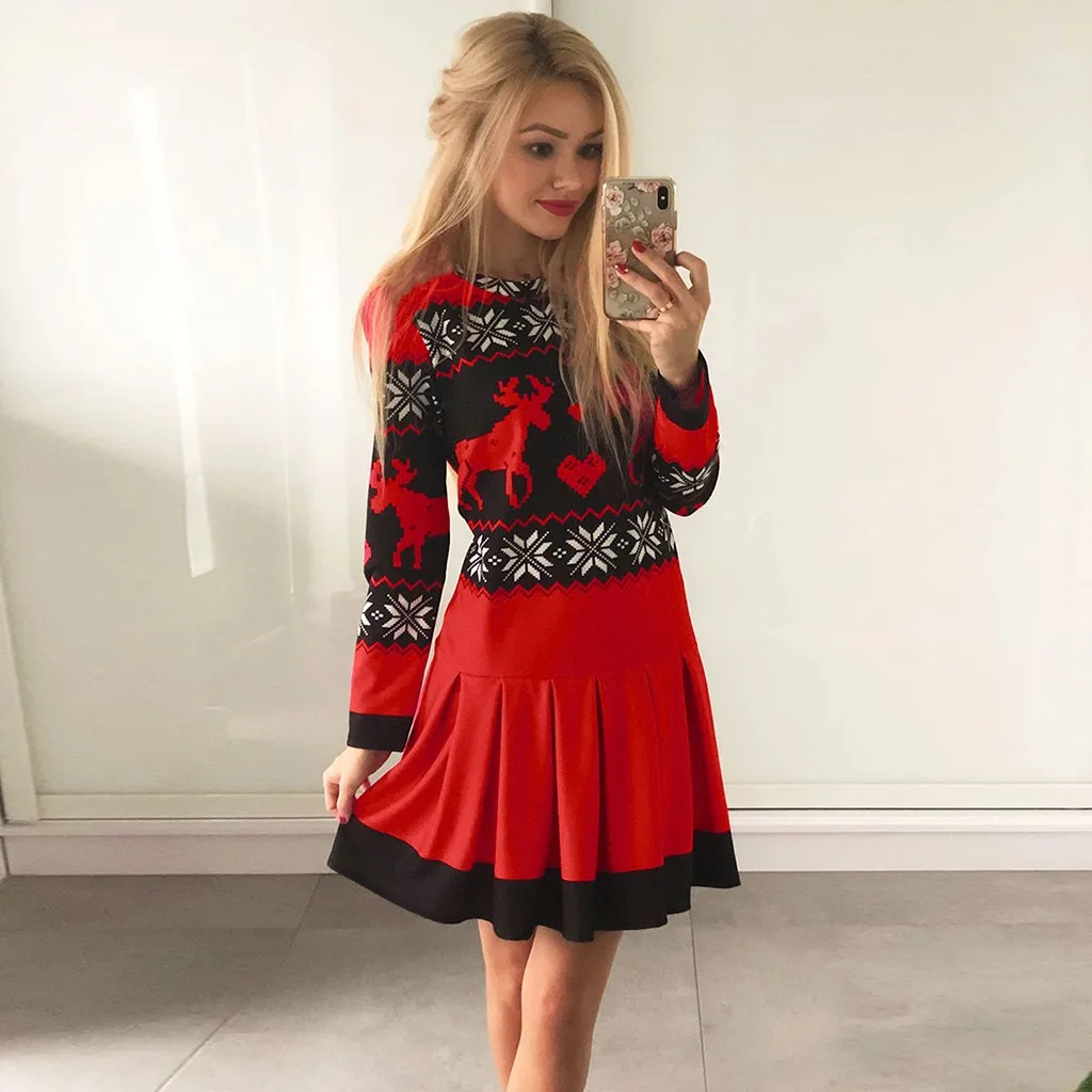 

Winter Dress Fashion Women Xmas Christmas Print Sweatshirts Long Sleeve Snowflake Mini Dress robe noel femme damen party kleider