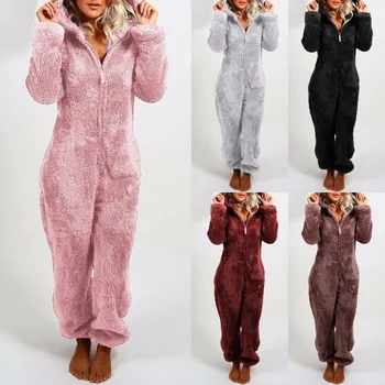 

WEPBEL Women Pajama Set Hooded Warm Brushed Thick Furry One-Piece Couples' Pajamas Full Length Winter Autumn