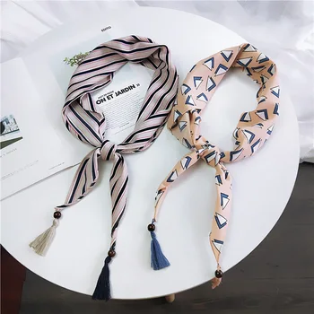 

Kerchief Striped Triangle Scarf Muffler Bandana Foulard Female Neckerchief Small Bandana Hair Tie Wooden beads Band Scarves