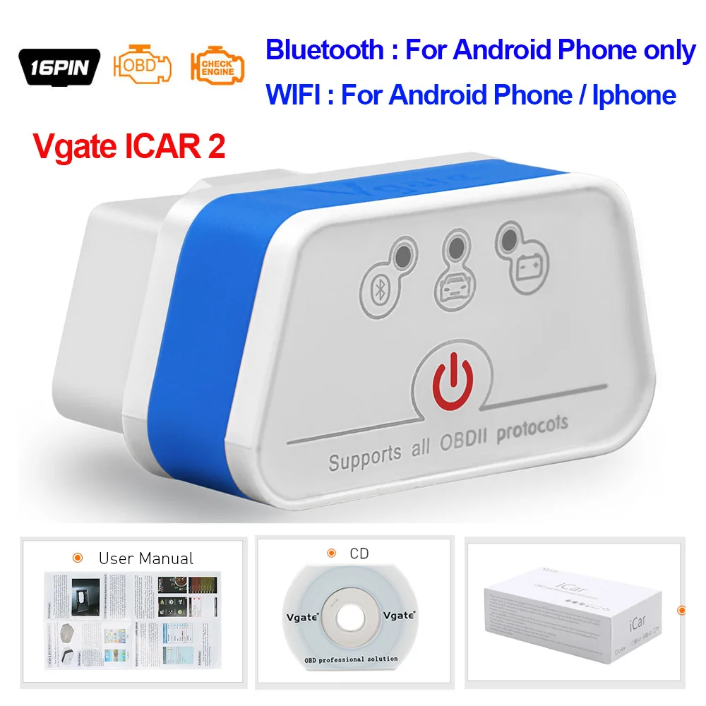 car battery charger Vgate iCar2 obd2 bluetooth scanner ELM327 V2.2 obd 2 wifi icar 2 car tools elm 327 for android/PC/IOS code reader free shipping auto inspection equipment Code Readers & Scanning Tools