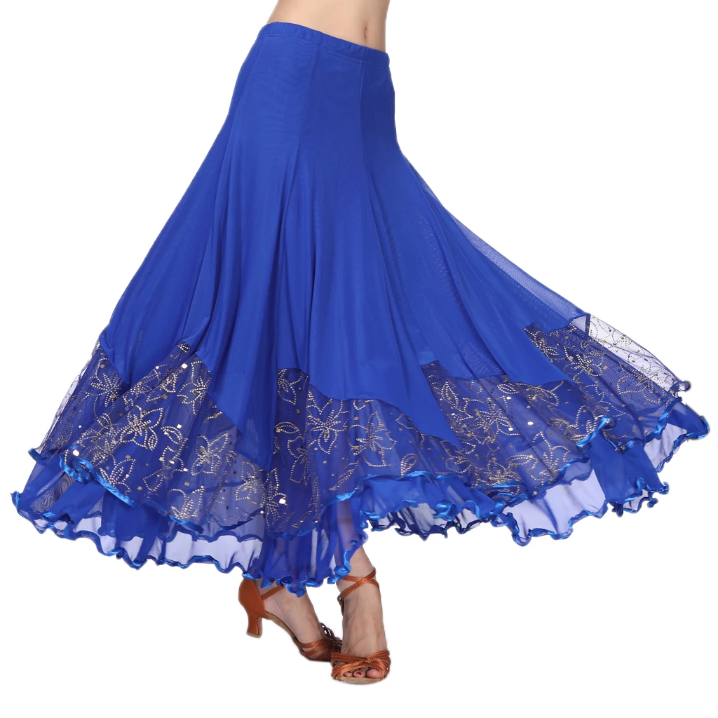 Long Flamenco Modern Dance Skirt Sequined Mesh Skirt Waltz Dress Women's Costume