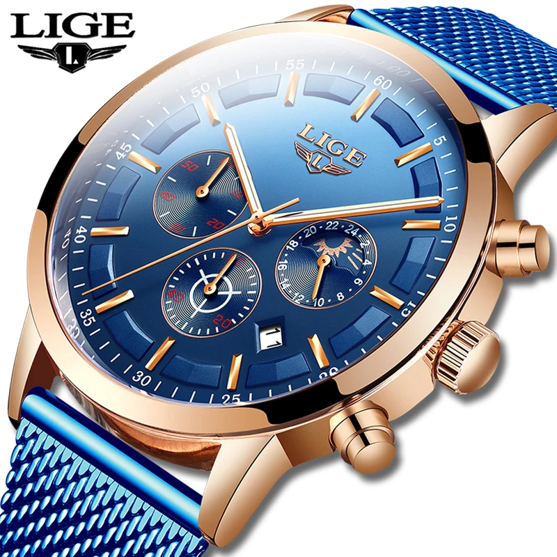 Lige Top Brand Luxury New Fashion Simple Watch For Men Blue Dial Watch Mesh Belt Sport Waterproof-2