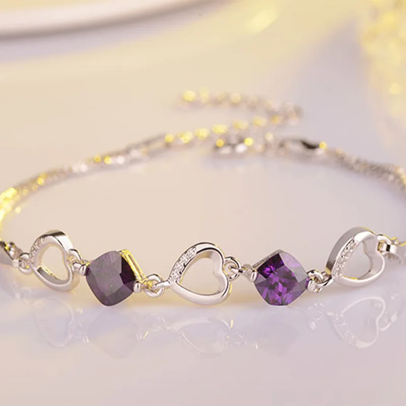 Heart Connected Charm Bracelets Women Fine Real Silver Double Bracelet 925 Sterling Silver Original Jewelry Purple Stone Zircon