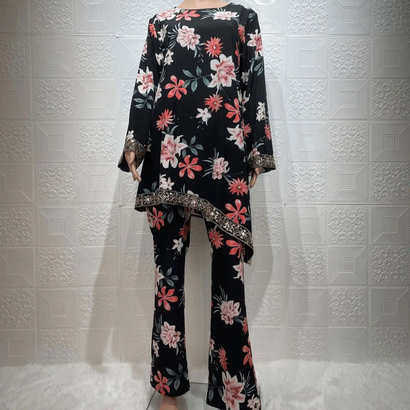

Elegant 2pcs Pant Sets Robe Print Abaya Women Jumpsuits Muslim Suits Tracksuit Outfits Islam Sporting Longue Ensemble Female