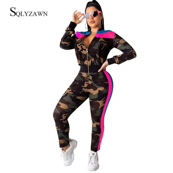 

Streetwear Camo Neon Side Stripe Patchwork Tracksuit Two Piece Set Women Fall Sweat Jacket Jogger Pant Matching Sportwear Outfit