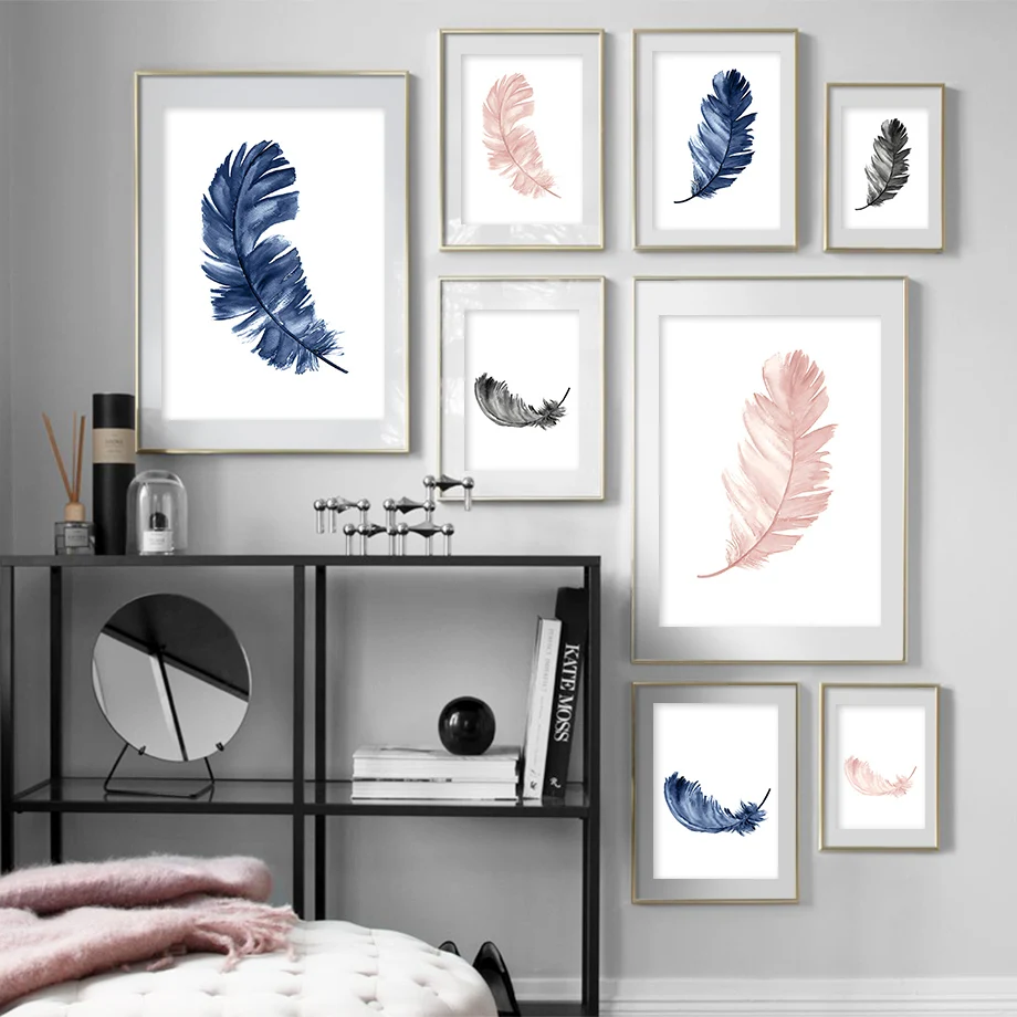 

Pink Black Blue Feather Minimalist Wall Art Canvas Painting Nordic Posters And Prints Wall Pictures For Living Room Decor