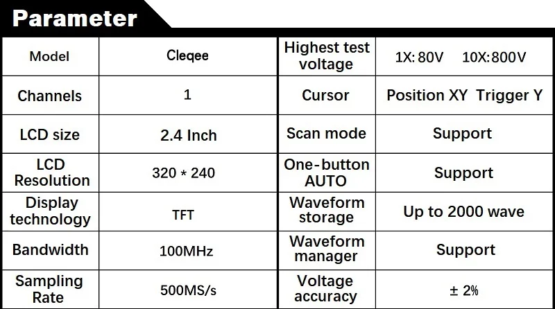 Cleqee 6012 портативный цифровой осциллограф 500 мс/с частота дискретизации 100 МГц аналоговая полоса пропускания Поддержка хранения сигналов 2,4 дюймовый экран