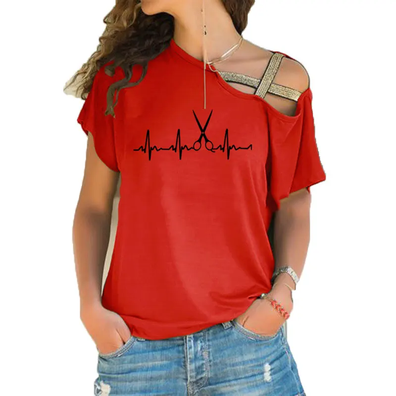 Новая летняя футболка для парикмахера с сердцебиением, Женская хлопковая футболка с коротким рукавом для девочек, футболка парикмахера, Асимметричная футболка с перекрещивающимися полосками - Цвет: 14