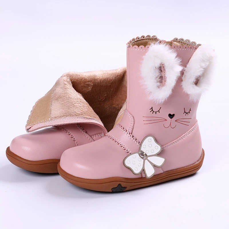Pink Cotton Зимние сапоги для малышей с заячьими ушками; толстая обувь для девочек; водонепроницаемые зимние сапоги для маленьких детей; Апликация в виде бабочки; модельные сапоги принцессы - Цвет: Pink Cotton