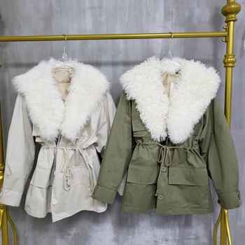 

European Station Zhenshan Wool Big Fur Collar Waist-Tight White Duck down Parka Winter Thicken Military Style down Jacket Ladies