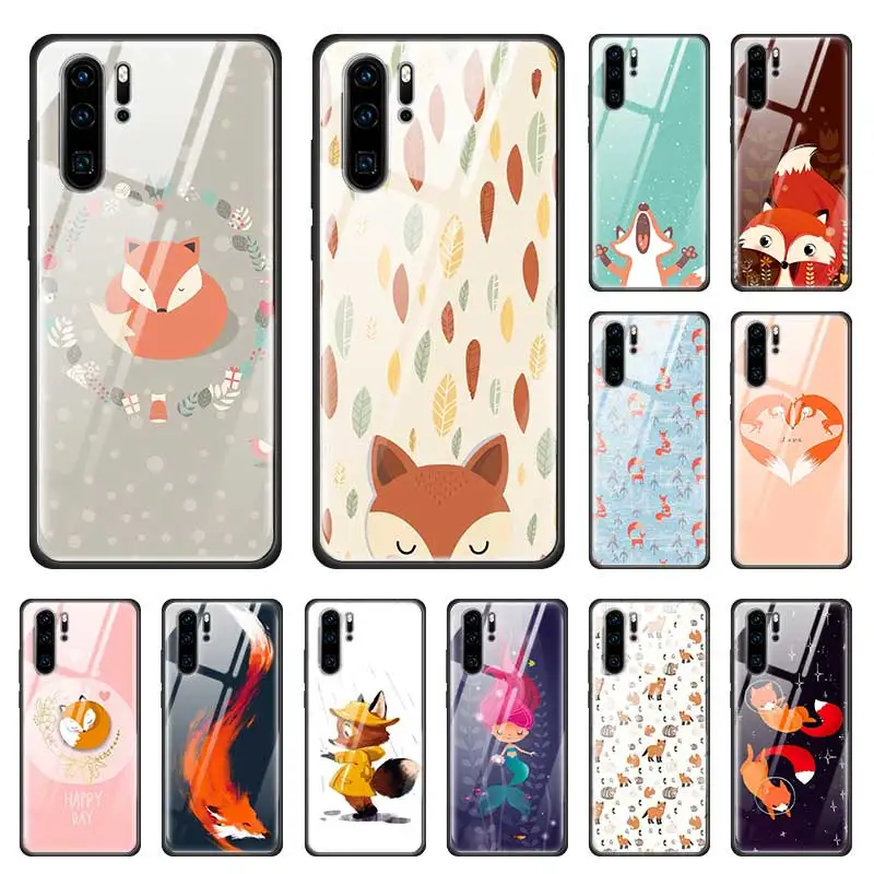 

Cute Fox Animal Case for Huawei P20 P30 Honor 9X Pro 8X Mate 30 20 10 Lite Tempered Glass + Black Soft Phone Coque Cages Fundas