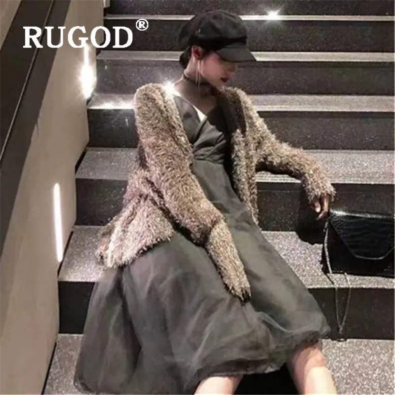 RUGOD, новинка, Осенний модный свитер, кардиганы для женщин, v-образный вырез, блестящий, мягкий, Свободный Трикотаж, корейский стиль, женское элегантное пальто для вечеринок