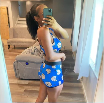 

Women Summer Sportswear Suit Printing Sleeveless Yoga Set Short Camisole + High Waist Fitness Shorts Running Workout Clothes