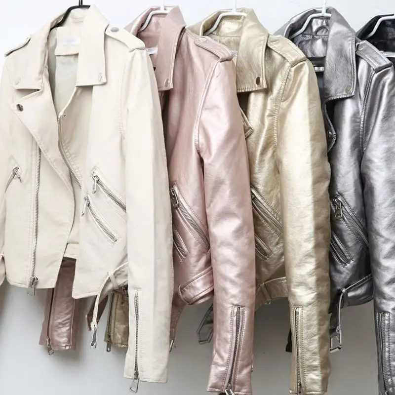 Metallic Leather Jacket Woman Motorcycle Short Jacket Lapel Asymmtrical Zipper Coat Punk Streetwear