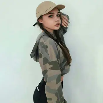 

Highstreet Camouflage Print Hoodies Sweatshirts harajuku High Waist Short Sweats Women Clothing Loose Short Jumper Sweats