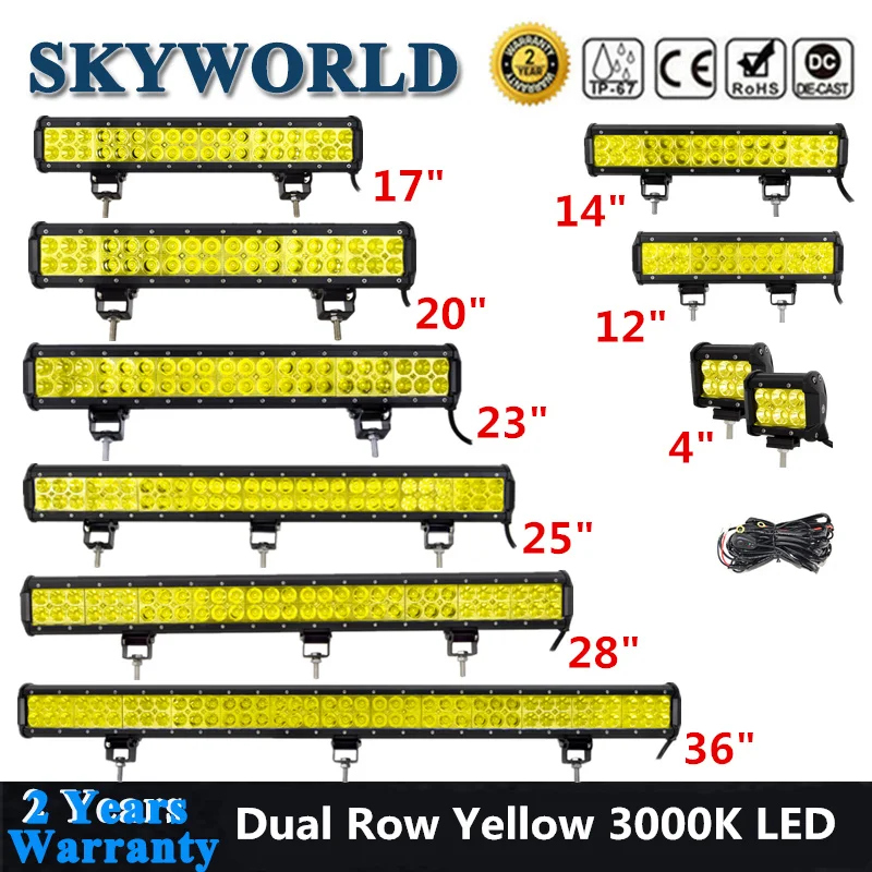 

SKYWORLD Yellow LED Light Bar 4 12 14 17 20 23 25 28 36inch Work Lamp Combo Beam Driving Offroad For Car Truck SUV ATV 4x4 UAZ