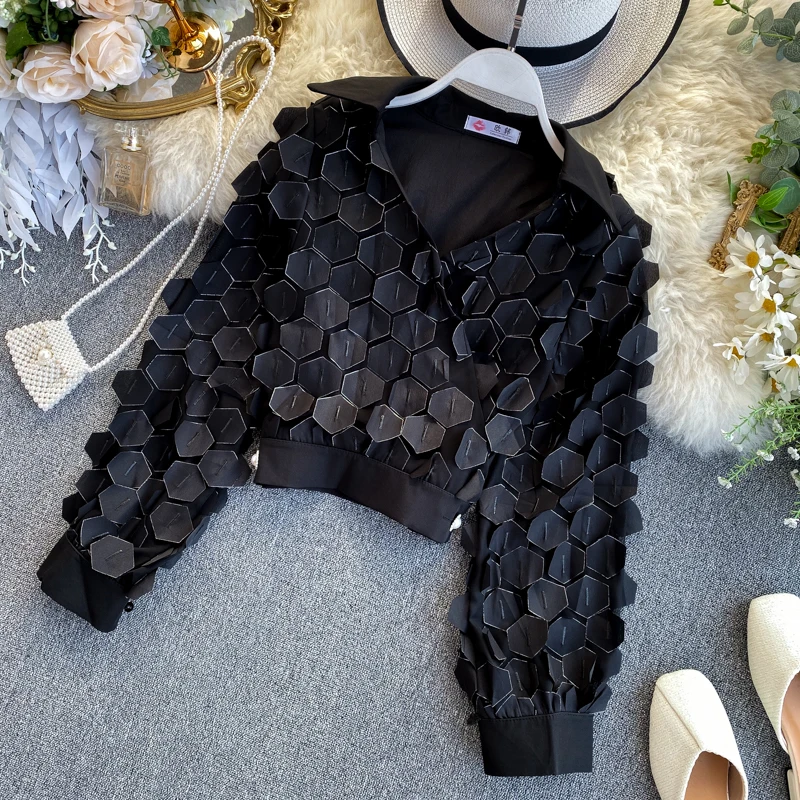 Neploe, женские блузки, 3D лепесток, пуловер, рубашка, осень, шикарный v-образный вырез, топы с длинным рукавом, с буфами, элегантные, высокая талия, Короткие Блузы 56384