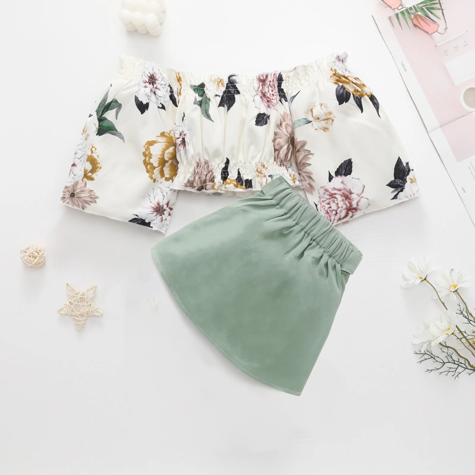 Kids Girls Clothing Sets 1-6Y Autumn Floral Off Shoulder Long Sleeve Tops Buttons Mini Skirts Casual Outfits