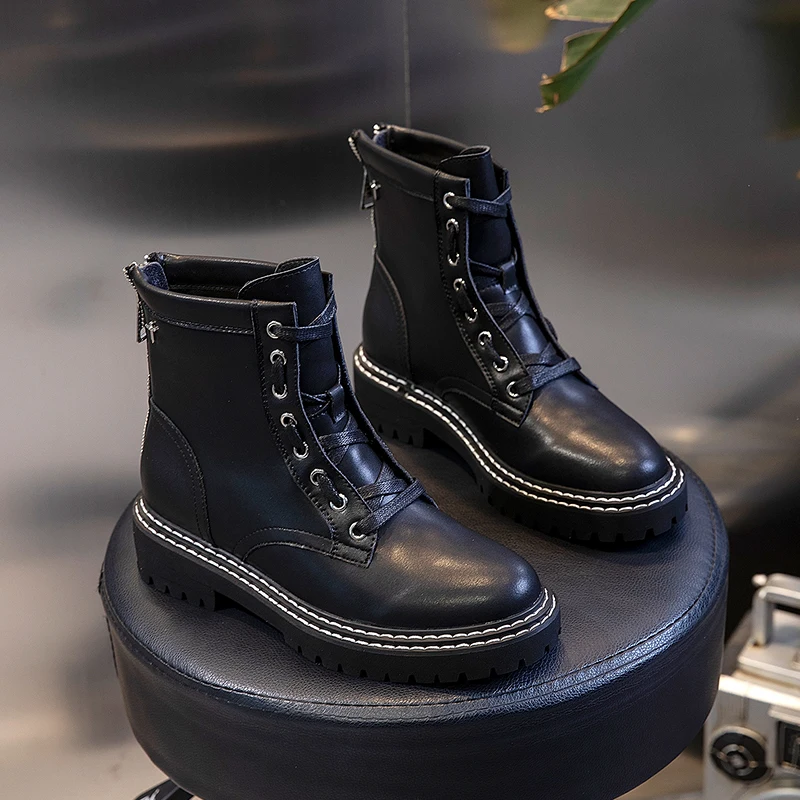

Autumn Winter Women Leather Boots Fashion Platform Motorcycle Boots Trending Round Toe Lace-Up Zipper Design Retro Ankle Boots
