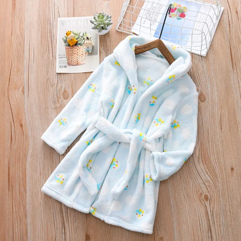 Детские халаты для детей 1-6 лет; зимняя теплая одежда для девочек; фланелевая ночная рубашка; одежда для малышей; Пижама для сна для мальчиков - Цвет: sky blue