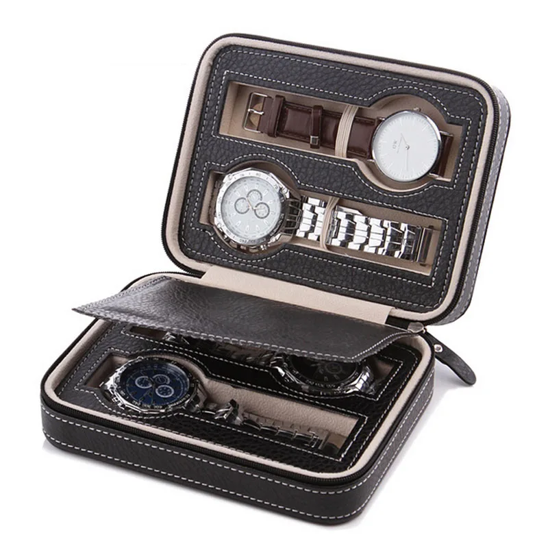 High Level  2/4 Grids Leather Watch Box Luxury Zipper Style For Travelling Storage Jewelry Watch Collector Cases Organizer Box