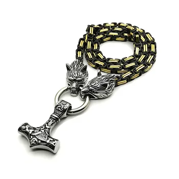 

Men Stainless Steel Wolf Head Norse Viking Amulet Thor Hammer Pendant Necklace Viking King Chain