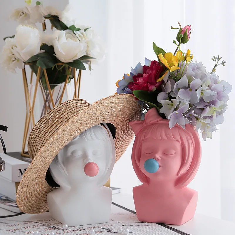 Смола Девушка голова цветок ваза пузырь жвачки девушка дома ваза домашние декоративные предметы человек скульптура, Декор