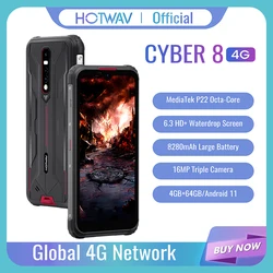 HOTWAV CYBER 8 Version Globale Téléphone Portable 4GB 64GB Étanche 8280mAh 16MP Caméra 6.3 Pouces NFC Android 11 Téléphone Intelligent Robuste 