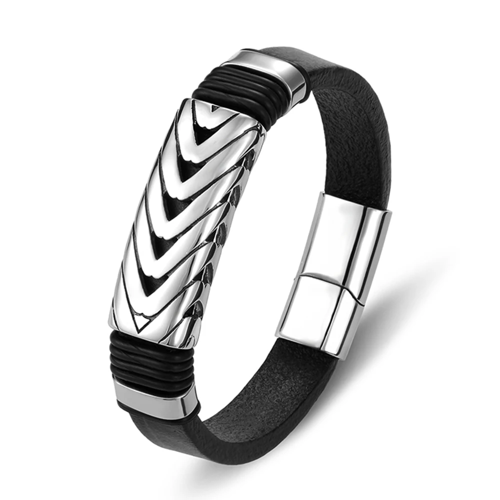 Stainless Steel Magenet Charm Black Genuine Leather Bracelet Jewelry - Image 5
