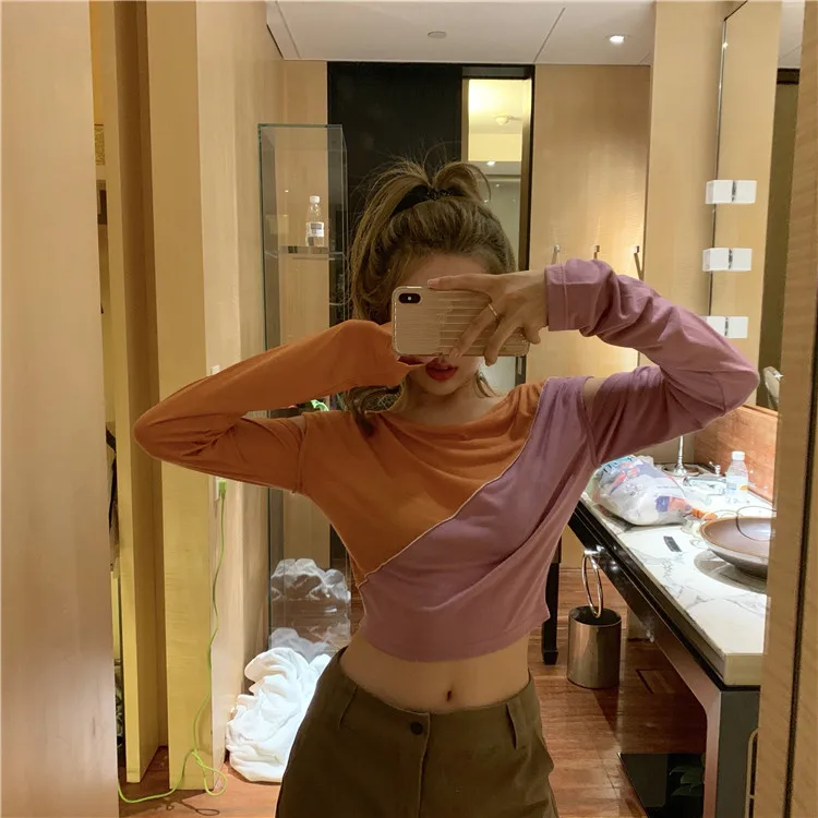 WHITNEY WANG футболка с длинным рукавом модная уличная цвета контрастная Лоскутная полый тонкий футболка женская футболка Топы