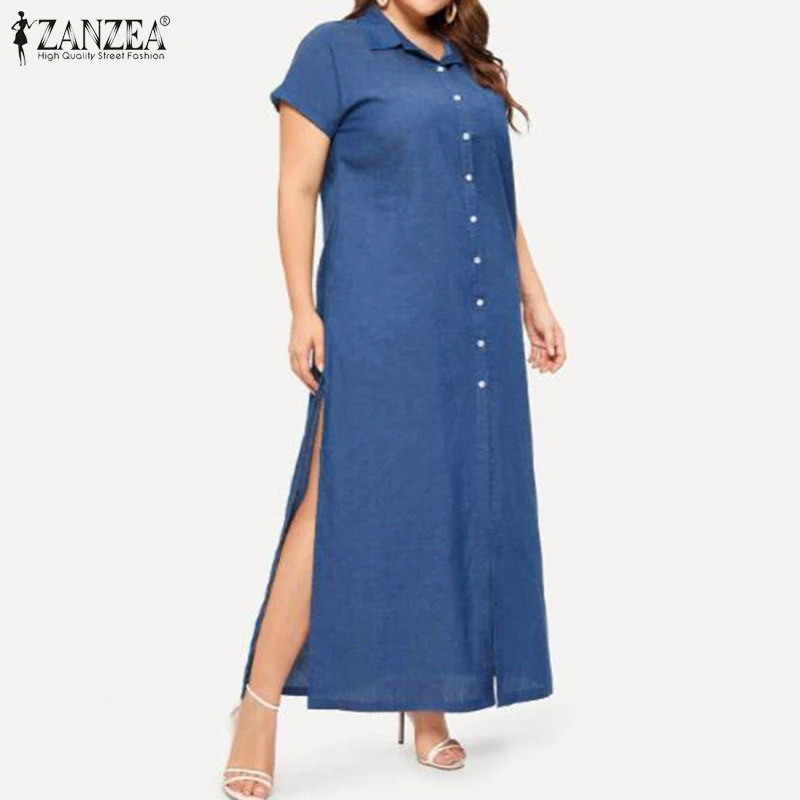 

Fashion Demin Blue Shirt Dress Women's Summer Sundress ZANZEA 2020 Casual Short Sleeve Button Tunic Vestidos Female Split Robe