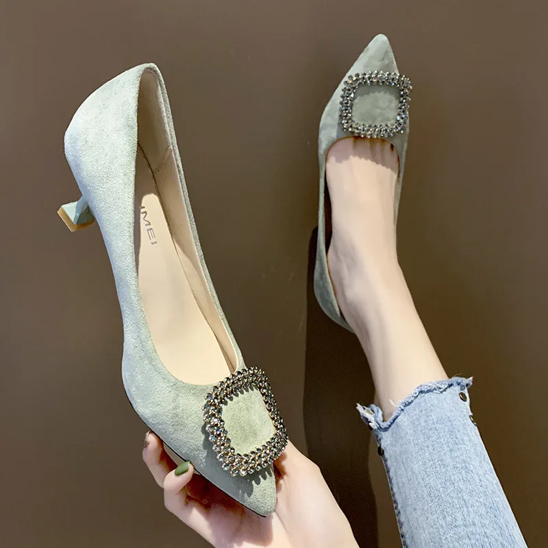 

2019 Autumn New Style Korean-style Pointed-Toe-Style Man-made Diamond Square Buckle Suede Versatile Foot Covering Sexy Stiletto