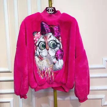 

Original Thai Tide brand 2019 autumn and winter new cartoon sequins tassels in the collar loose hooded plush sweater women