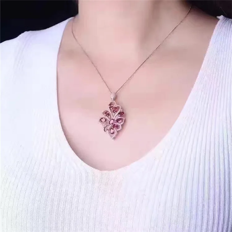 Wanglong, 925 пробы, серебро, натуральный, Gemstonel, гранат, подвеска, большой цветок, форма эльфа, на полке, Рождество, для женщин, ювелирное изделие