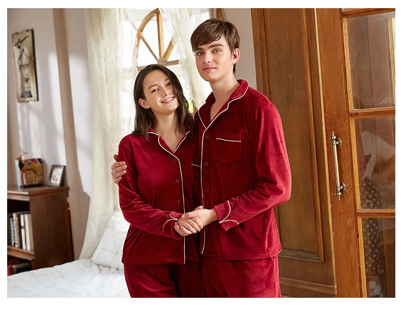 CAVME Flannel Pajama Sets for Lovers PLUS SIZE Homme Sleepwear 2 Pieces Full Pants Solid Color Pyama Set Elegant Nightwear