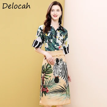 

Deloach Summer Women Fashion Designer Set Short Sleeve Floral Print Blouses + Midi Skirts Female 2 Two Pieces Suit Skirts Suits
