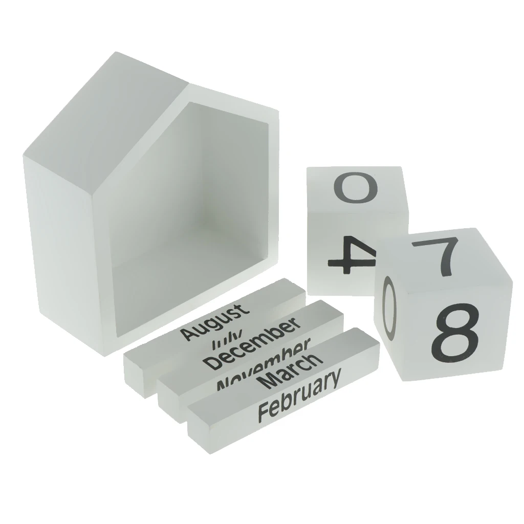 Vintage Wooden Calendar Rustic Desktop Wood Perpetual Block Calendar Month Date Display Home Office Decoration -Black/White