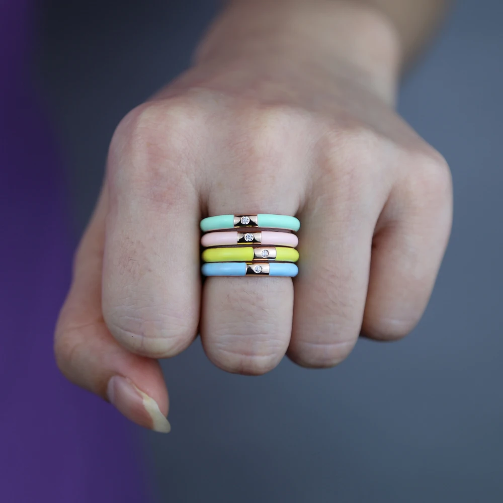 Simple Colorful Women Stacking Finger Band Pastel Enamel Single CZ Simple Ring