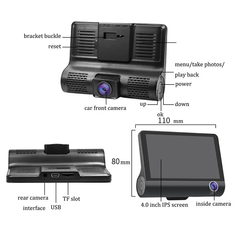  Car driving recorder Concealed three-record driving recorder HD 4 inch three lens DVR Dash camera d