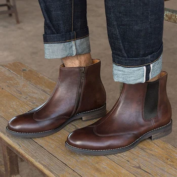 

New Retro Man Handmade Comfortable Chelsea High-Top Shoes Real Genuine Leather Round Toe Heels Men's Riding Ankle Boots NHS164