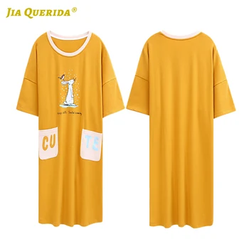 

New Yellow Night Gown Nighty Nighties for Woman Cartoon Printing Front Pocket Crew Neck Woman Clothes Night Wear Long Shirt