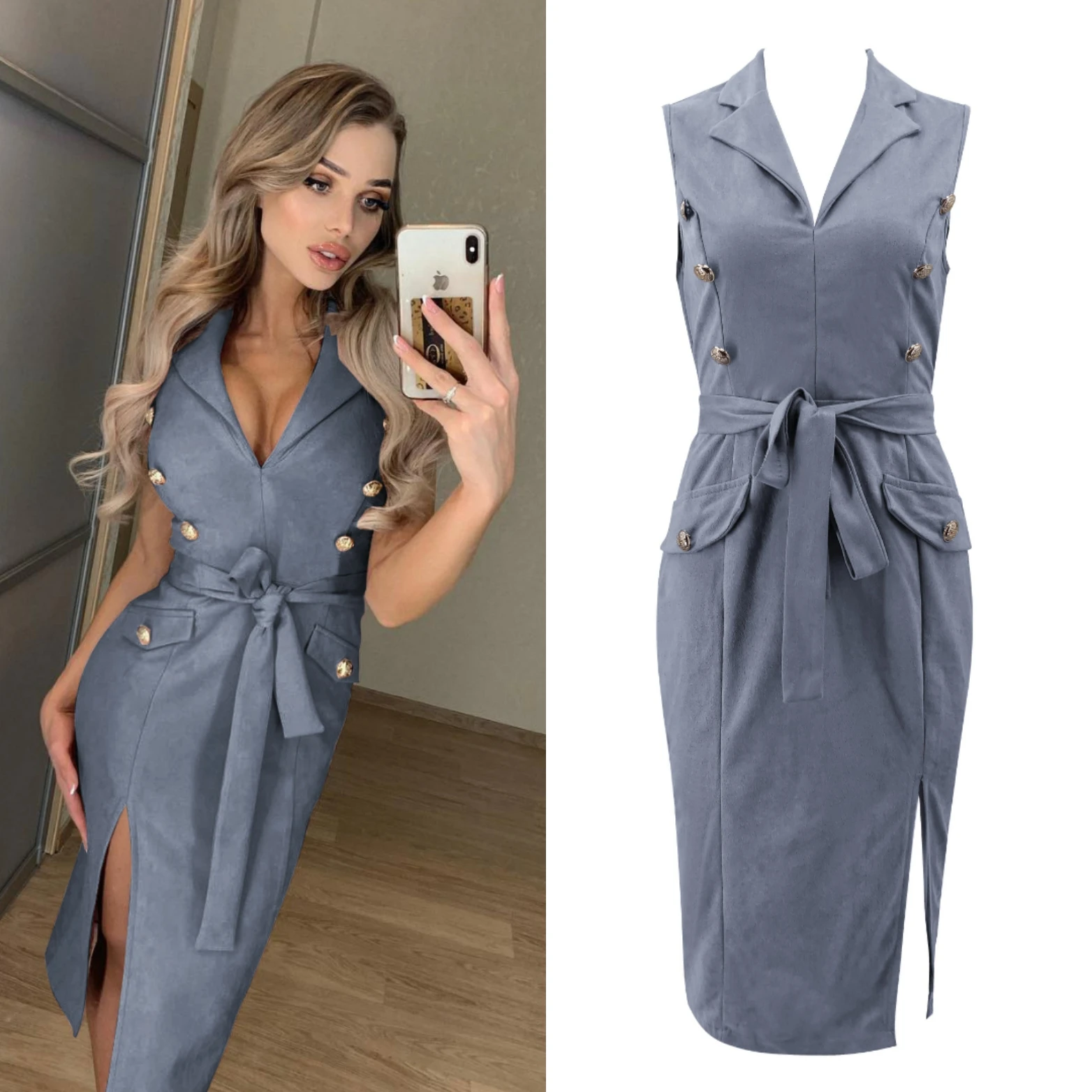Boho элегантное женское сексуальное платье миди, Vestido, без рукавов, облегающее, официальное, Бандажное, на пуговицах, коктейльное, миди платье-карандаш, офисное, женское платье - Цвет: Серый