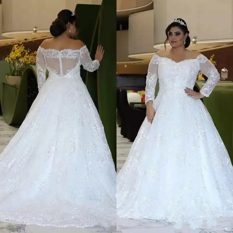 

Customized Long Sleeve Plus Size Wedding Dresses Fall Off Shoulder A Line Shiny Crystal Beads Pretty Lace Big Size Bridal Gowns