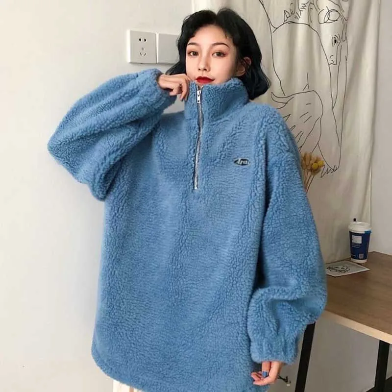 blue with logo NiceMix Зимний пуловер женские свитшоты Харадзюку Негабаритных Толстовки женская белая водолазка из искусственной овечьей шерсти уличная Толстовка sw - Цвет: blue with logo