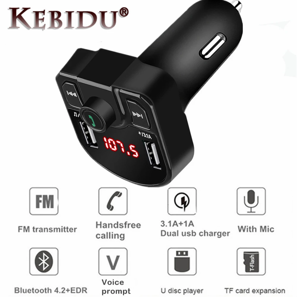 

QC2.0 3.1A Fast Dual USB Charger Bluetooth 4.2 MP3 Player Handsfree Car Kit FM Transmitter support TF Card U disk Power Adapter