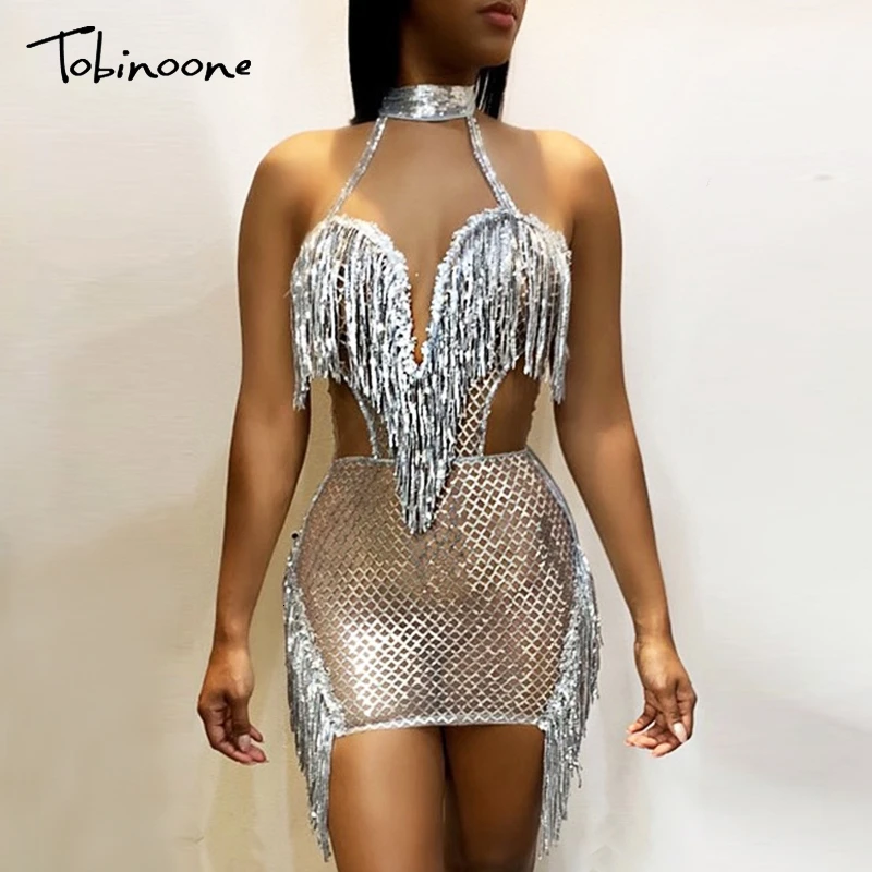 

Tobinoone Sequin Dress Halter Sexy Women Clubwear Tassel Mini Dresses Autumn Backless Night Club Party Bodycon Dress Vestido